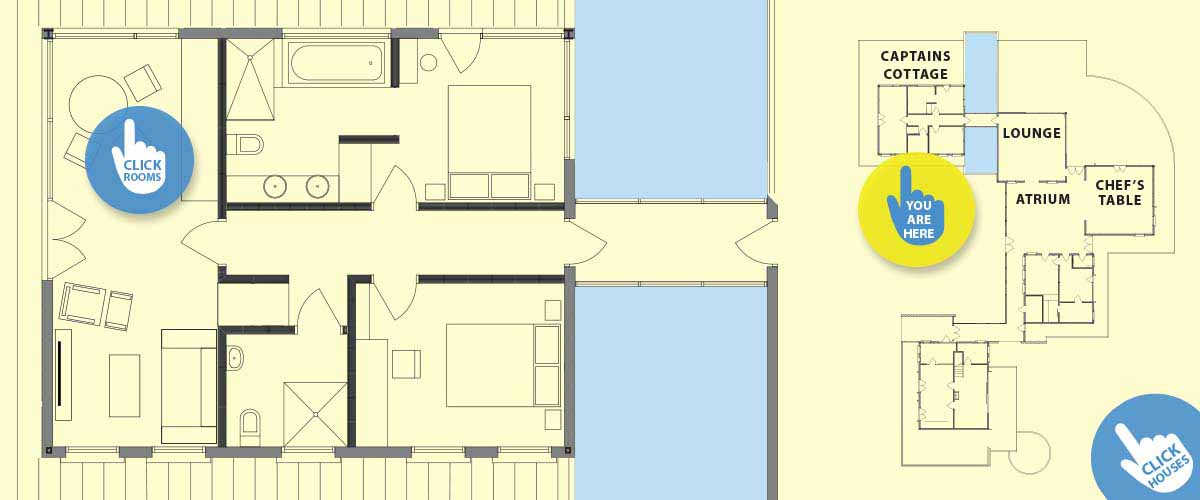 Small boutique hotel Bay Guesthouse room layout for Captains house, Pond, Lounge, Atrium and Chef's Table and the Cottage