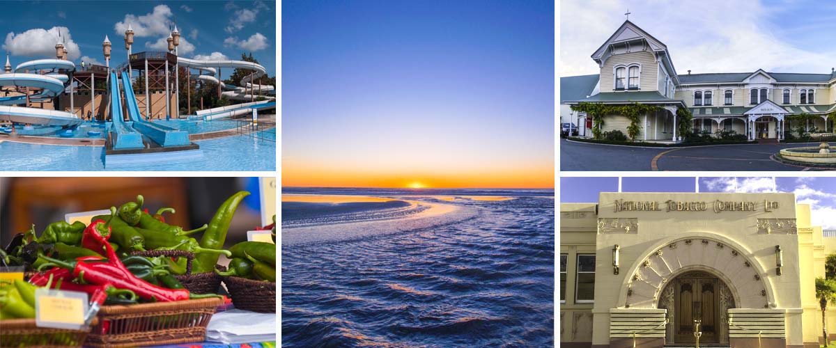The sunrise at the beach is one of our favourites, family-friendly splash planet, Art Deco, Mission winery, and the urban farmer markets of Hawkes Bay New Zealand