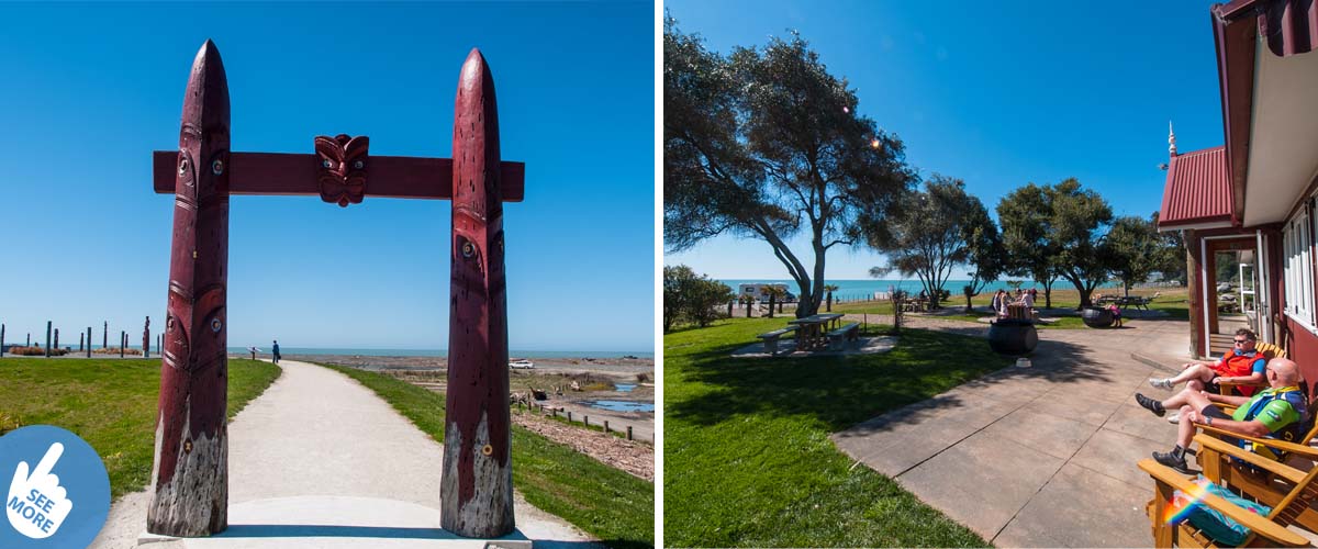 Celestial star compass entrance from coastal and estuary park close to Napier. Couple enjoying coastal getaway sitting on deck chairs