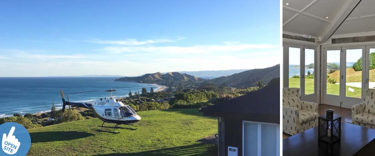 Helicopter landing in Wainui at the east coast by the blackhouse accommodation in the Gisborne region close to Hawkes Bay