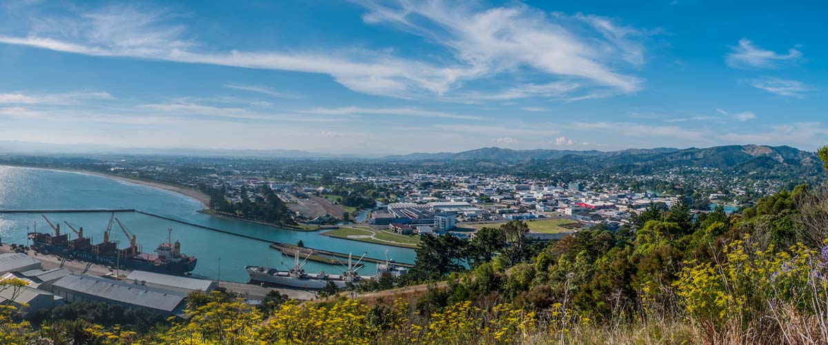 From the lookout in Gisborne, port view and long sandy beach, a day trip from Hawkes Bay