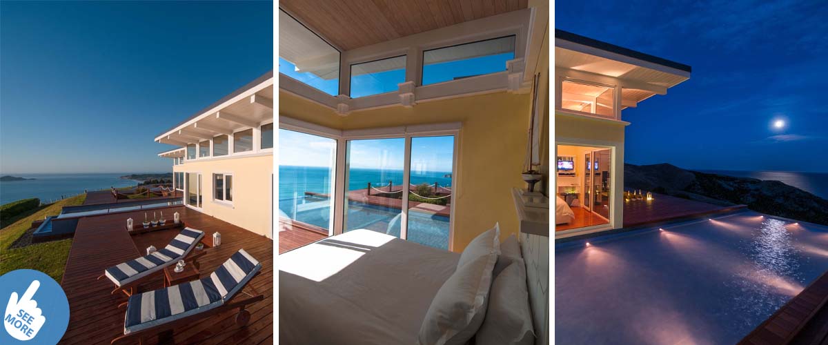 Luxury accommodation by the Pacific ocean in New Zealand, stunning views overlooking the Bay. Romantic bedroom in full moonlight and glittering sea