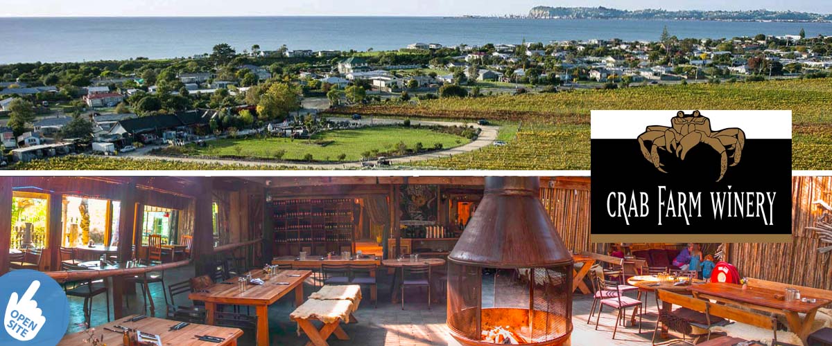 Quirky restaurant with an open fireplace in the middle. Bird's eye view of the vineyard of Crab Farm, sea and surrounding houses