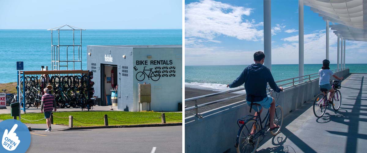 Bike hire place with e-bikes in Napier right by the sea. Viewing platform overlooking the ocean. Stay at a coastal luxury lodge.