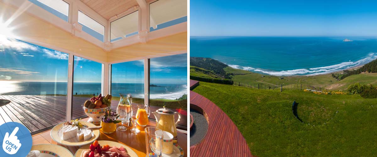 Breakfast table by the coast with a panoramic ocean view to Bare Island and view from the deck into the bay and the sandy beach of Waimarama.