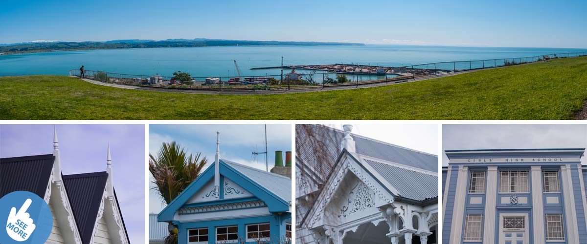A spectacular view into the Port of Napier, when a cruise ship is docking. On the same spot discover all the old, but the lovely restored colonial-style villas