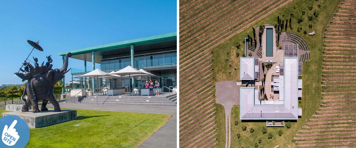 Elephant Hill winery, restaurant and an outdoor sitting area in the vines. Bird's eye view of the luxury winery accommodation,