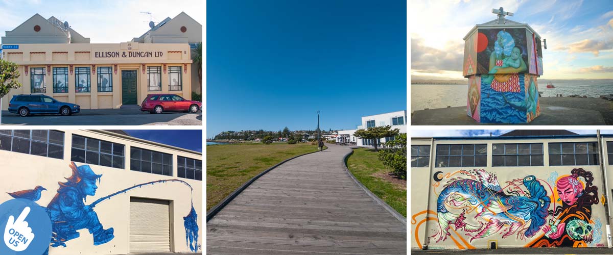 Ahuriri board walk, enjoy the walk along the beach and discover hidden sea wall art between the building or the Perfume Point Reserve